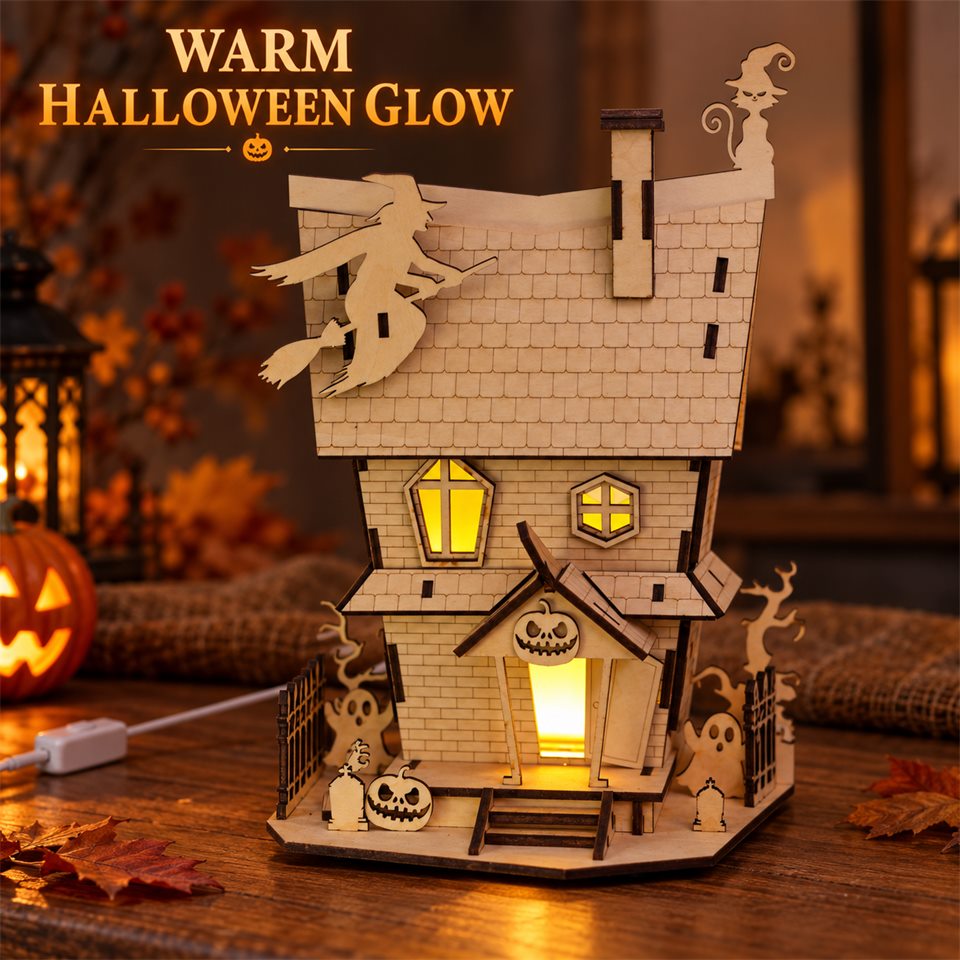Haunted Cottage Wooden Night Light Kit — Warm Halloween glow