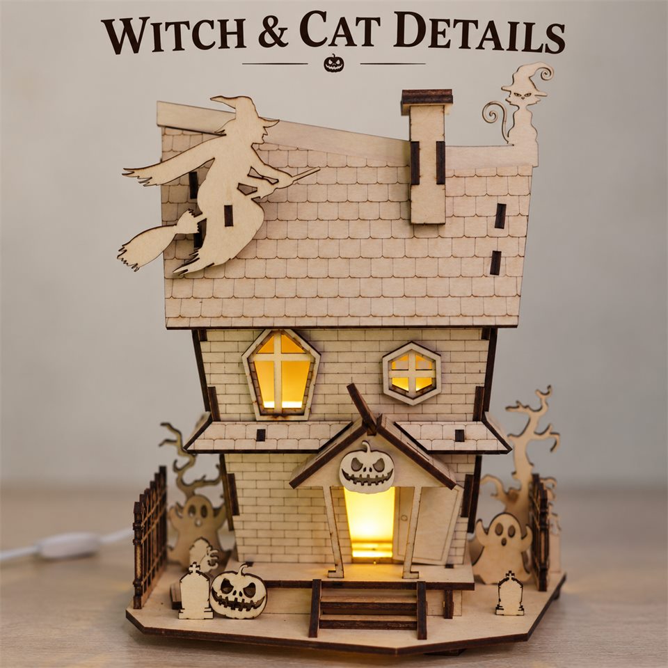 Haunted Cottage Wooden Night Light Kit — Flying witch detail