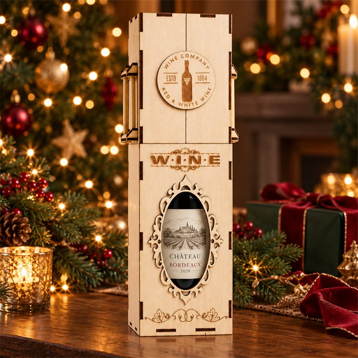 Wing-door wooden wine presentation box styled with Christmas gifts and evergreen