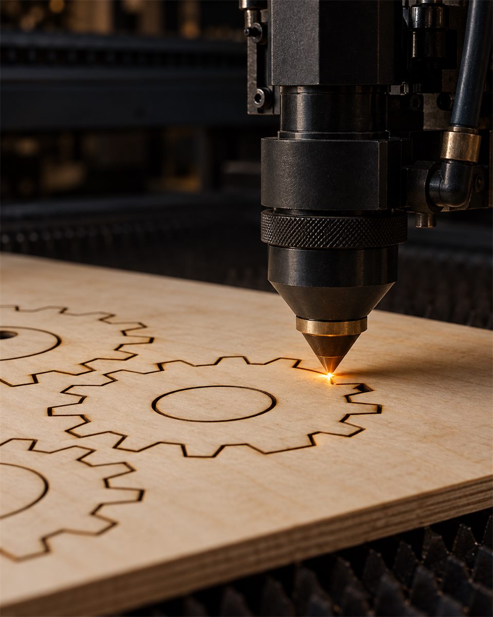 A laser nozzle tracing a wooden gear shape