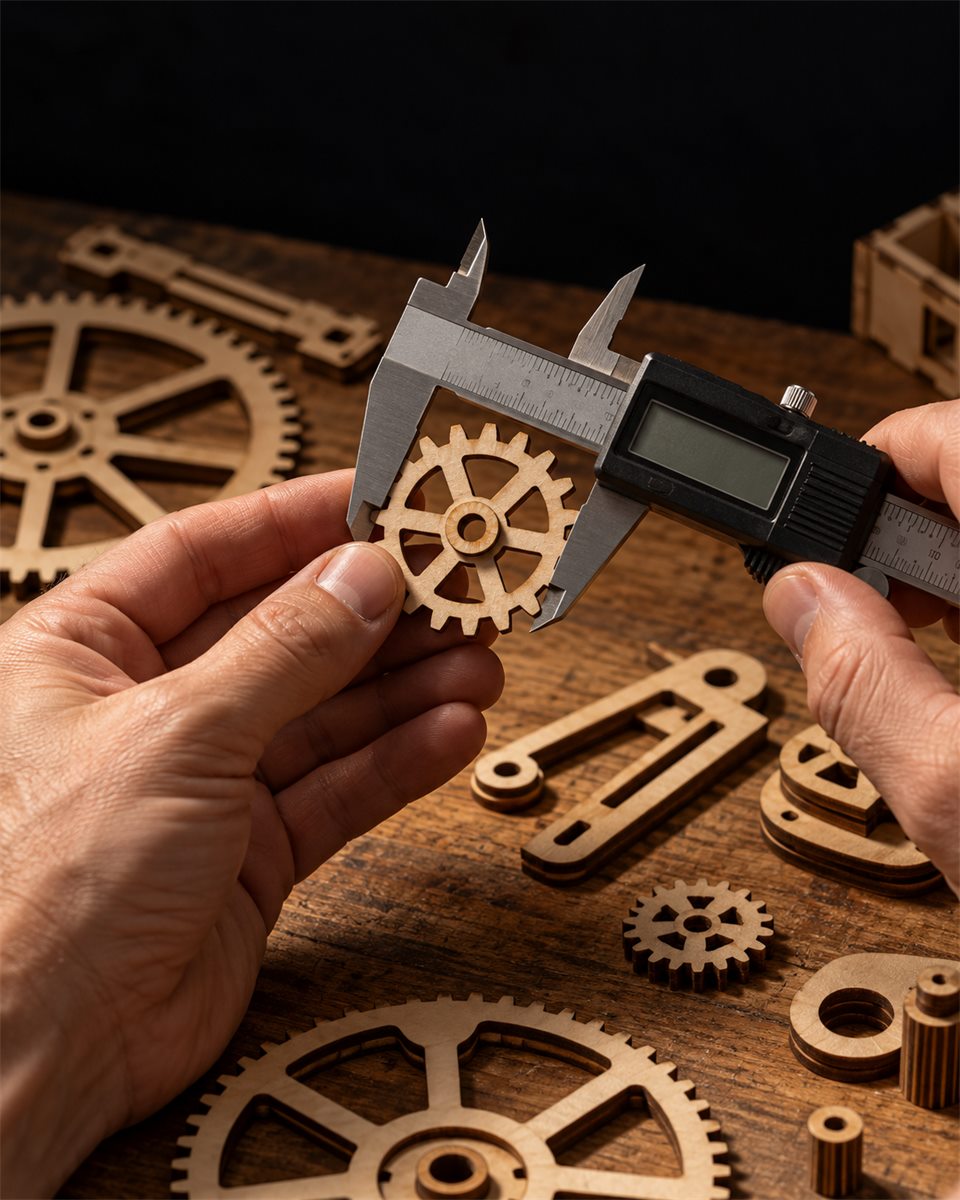 A wooden gear held beside a precision caliper