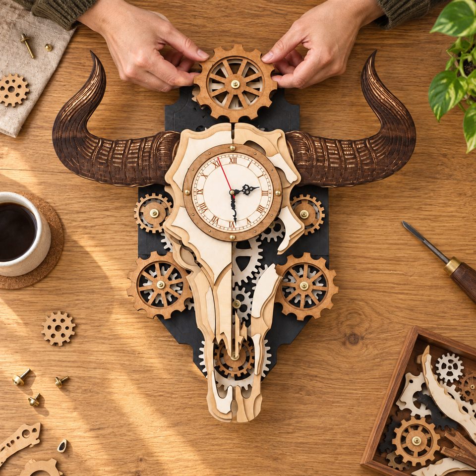 Hands fitting the upper gear onto a wooden bull skull clock