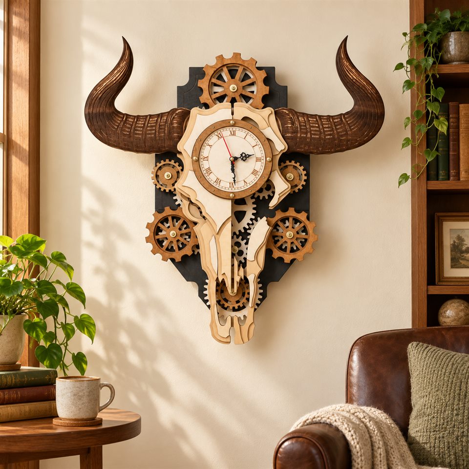 The completed wooden bull skull gear clock displayed in a home