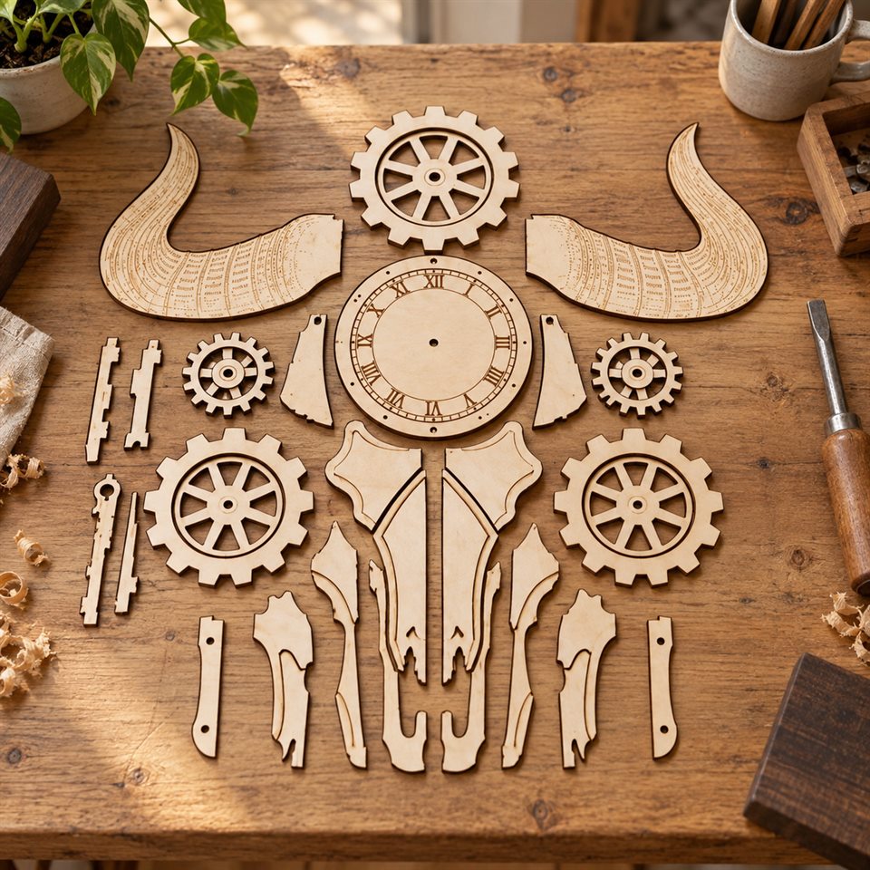 Wooden clock parts laid out before assembly