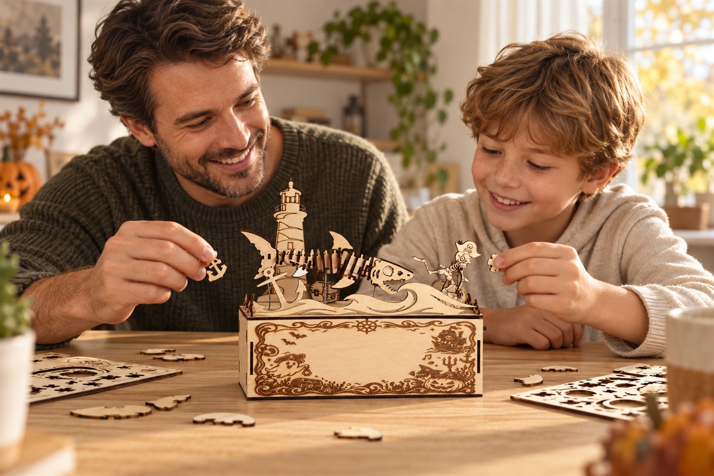 A father and child assembling a wooden model ship together at home