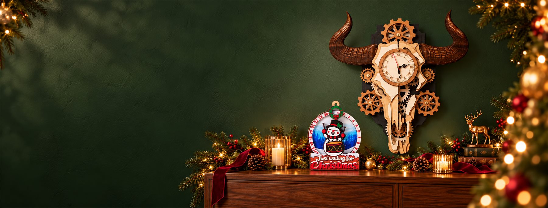 Wooden bull skull gear clock and Christmas countdown plaque with festive greenery and lights