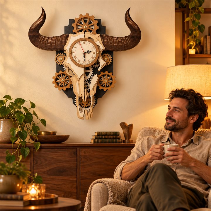 Wooden bull skull gear clock above a walnut sideboard while an adult relaxes with tea in a warmly lit living room