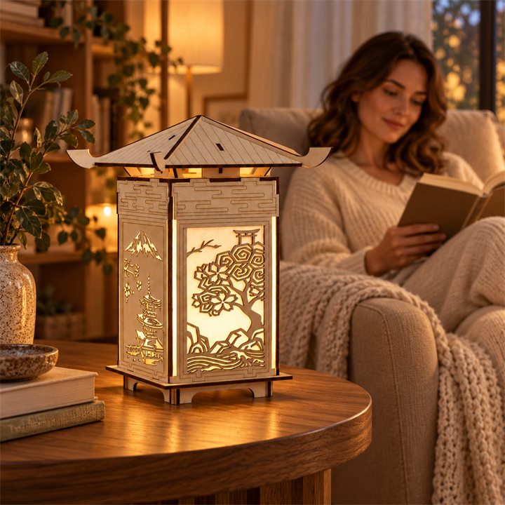 Wooden pagoda lantern glowing on a side table beside a woman reading in a cozy golden-lit living room