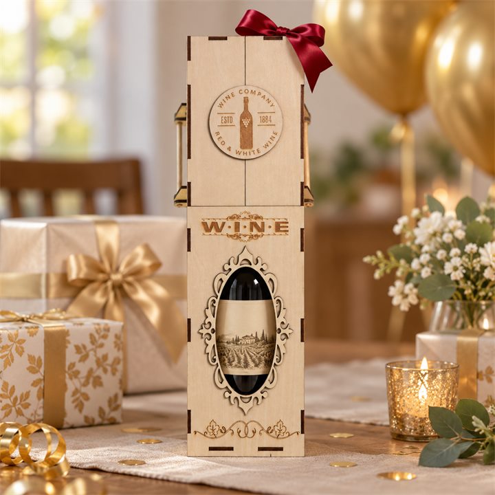 Wing-door wooden wine presentation box with a red gift bow beside wrapped presents and flowers