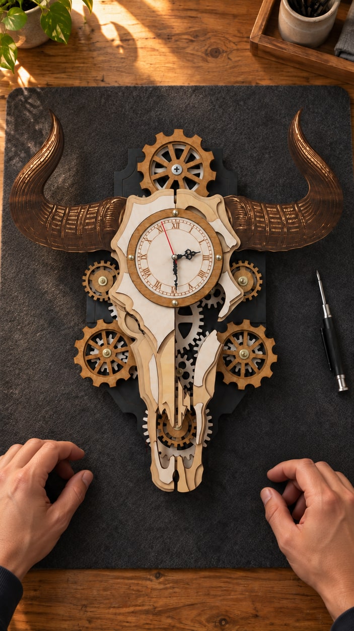 Completed wooden bull-skull gear clock