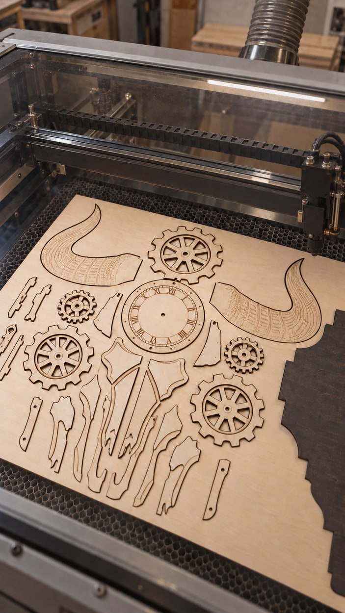 Shaped wooden parts laid out before assembly