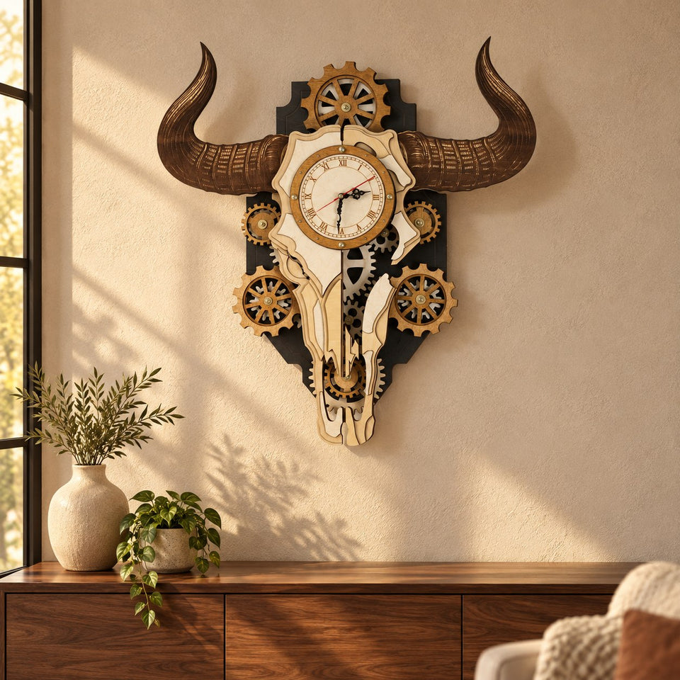 Wooden bull skull gear clock displayed on a sunlit wall above a wooden sideboard