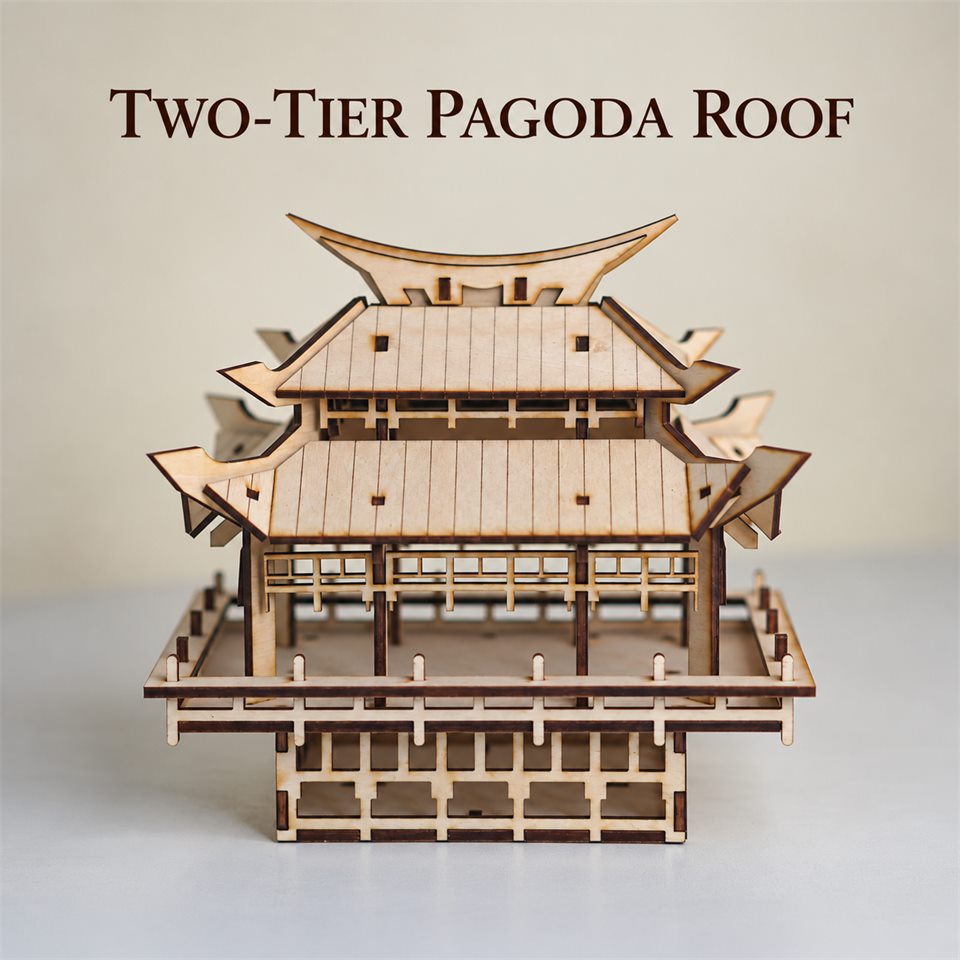 Sweeping two-tier roof — Moonlit Pagoda Wooden Model Kit