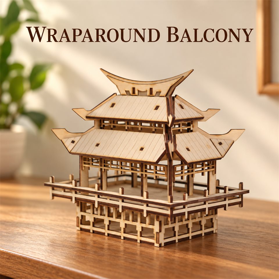 Wraparound balcony — Moonlit Pagoda Wooden Model Kit