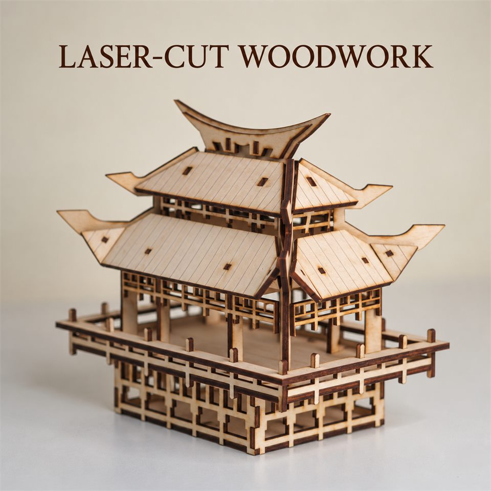 Layered wooden joints — Moonlit Pagoda Wooden Model Kit