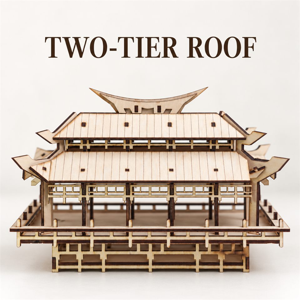 Long, layered rooflines — Open Gallery Wooden Temple Model Kit