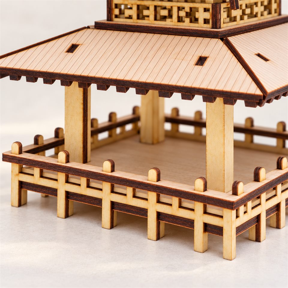 The open lower veranda — Three-Tier Pagoda Wooden Model Kit