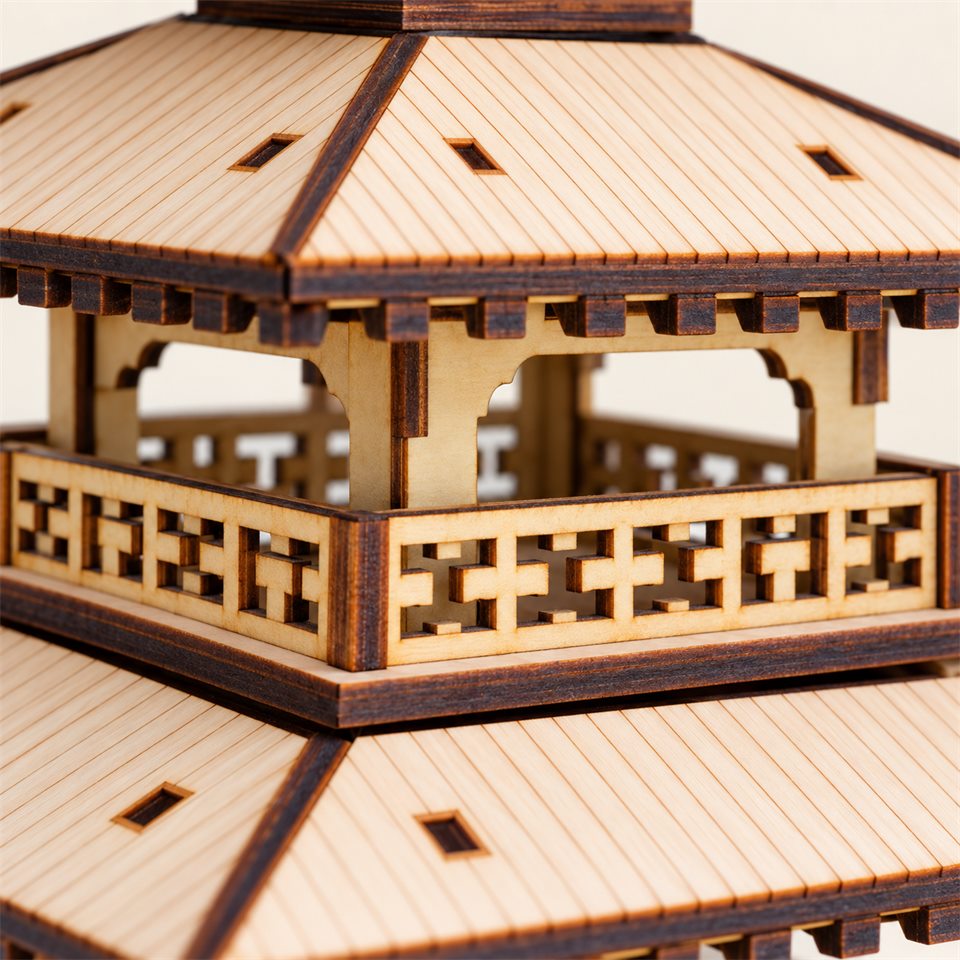 Geometric lattice balcony — Three-Tier Pagoda Wooden Model Kit