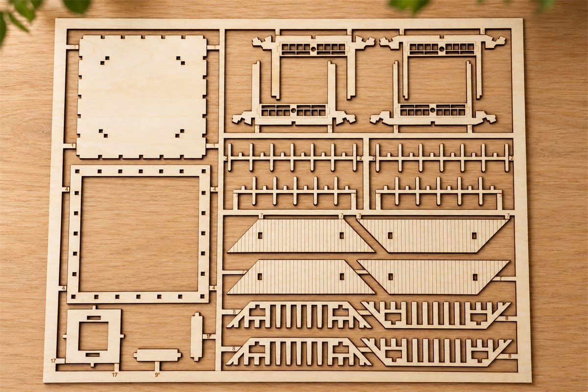 Three-Tier Pagoda foundation and frame parts sheet with base panels, roof segments and laser-cut lattice pieces on a wooden worktable