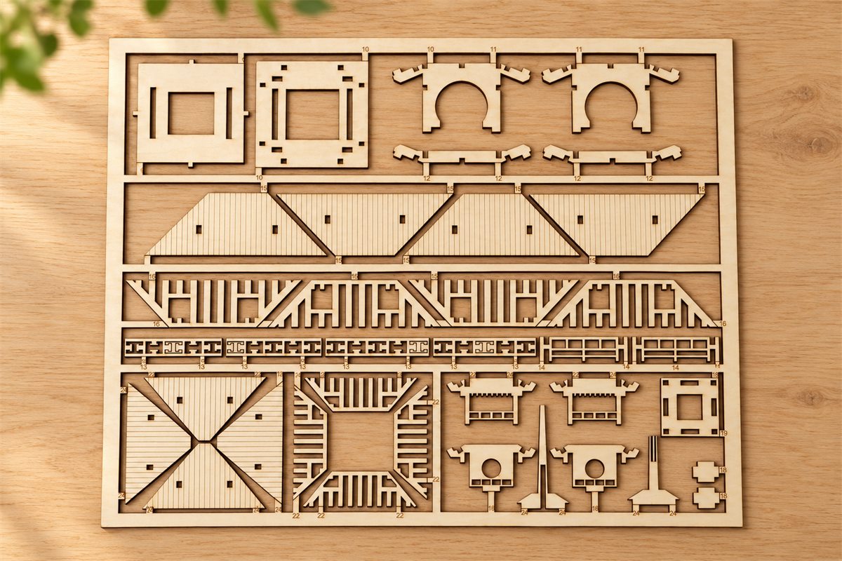 Three-Tier Pagoda roofline and detail parts sheet with engraved roof panels, curved architectural pieces and fine railing cutouts on a wooden worktable