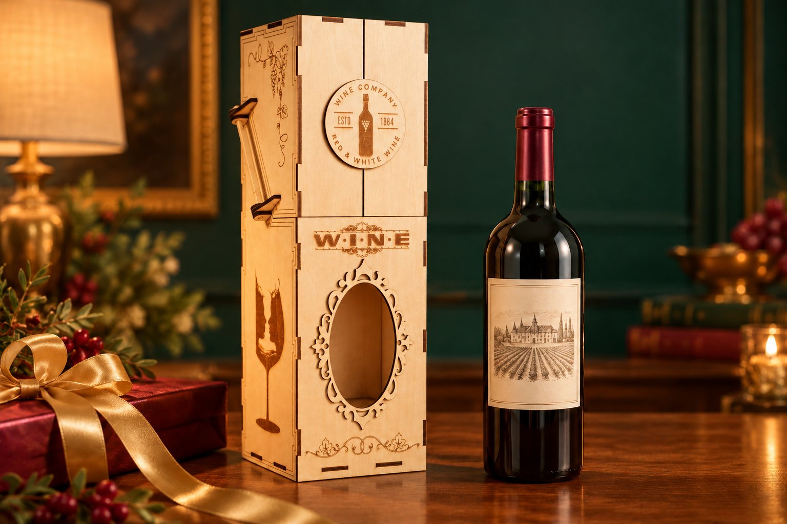 Closed engraved wooden wine box beside a separate wine bottle and a burgundy gift, in warm golden light