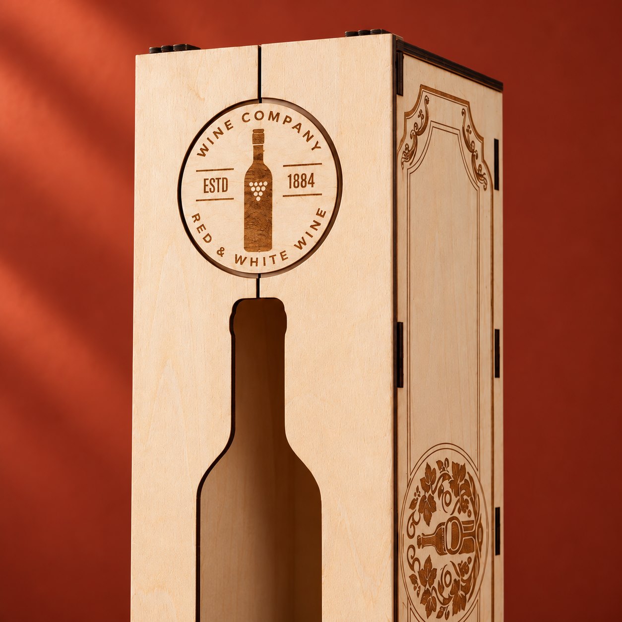 Close view of the closed paired doors with the circular wine medallion, bottle-shaped cutout and engraved side panel