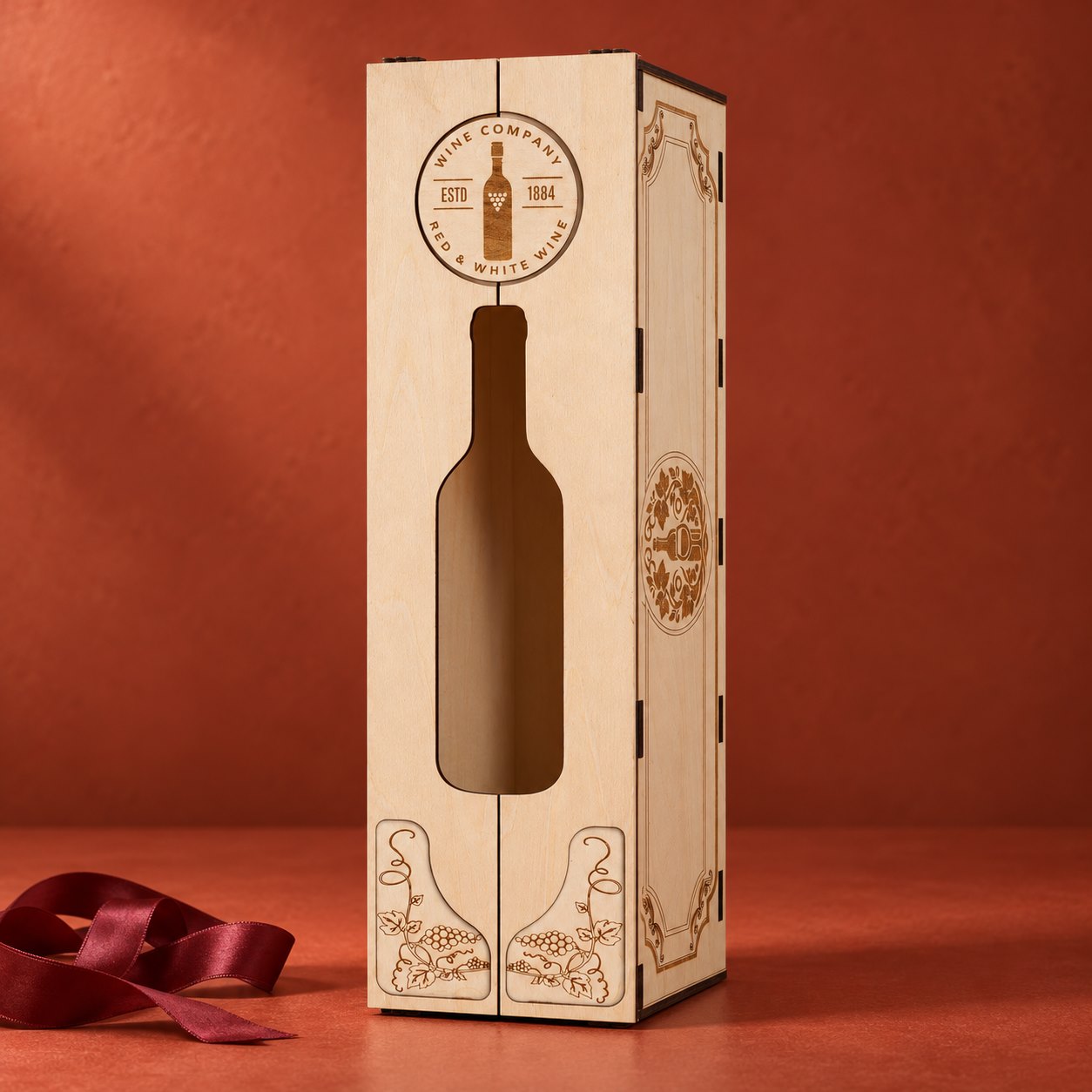 Closed pale wooden double-door wine box with a bottle-shaped window and grapevine engraving, on a warm terracotta background