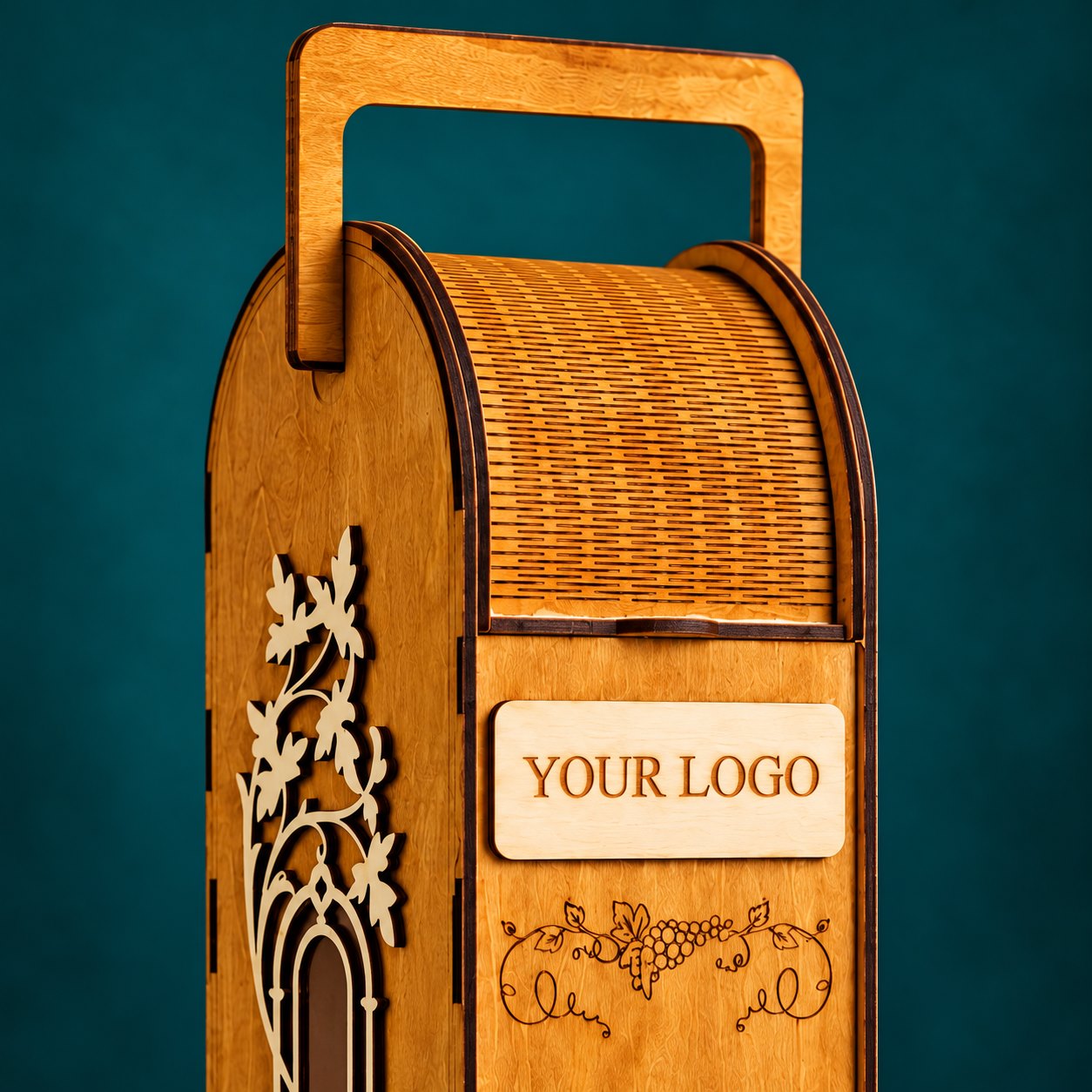 Close view of the fully closed slatted roll-top, single upright carry handle and layered floral side panel