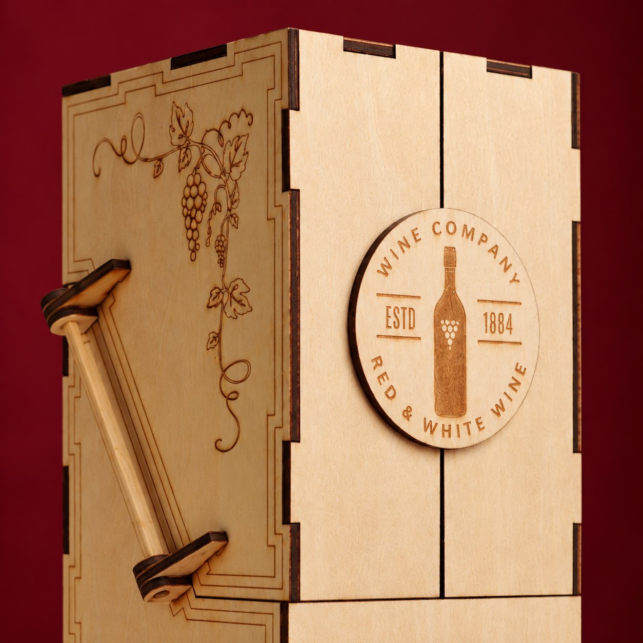 Close view of the shut wing-door panels, circular medallion, engraved grapevine and folded side linkage